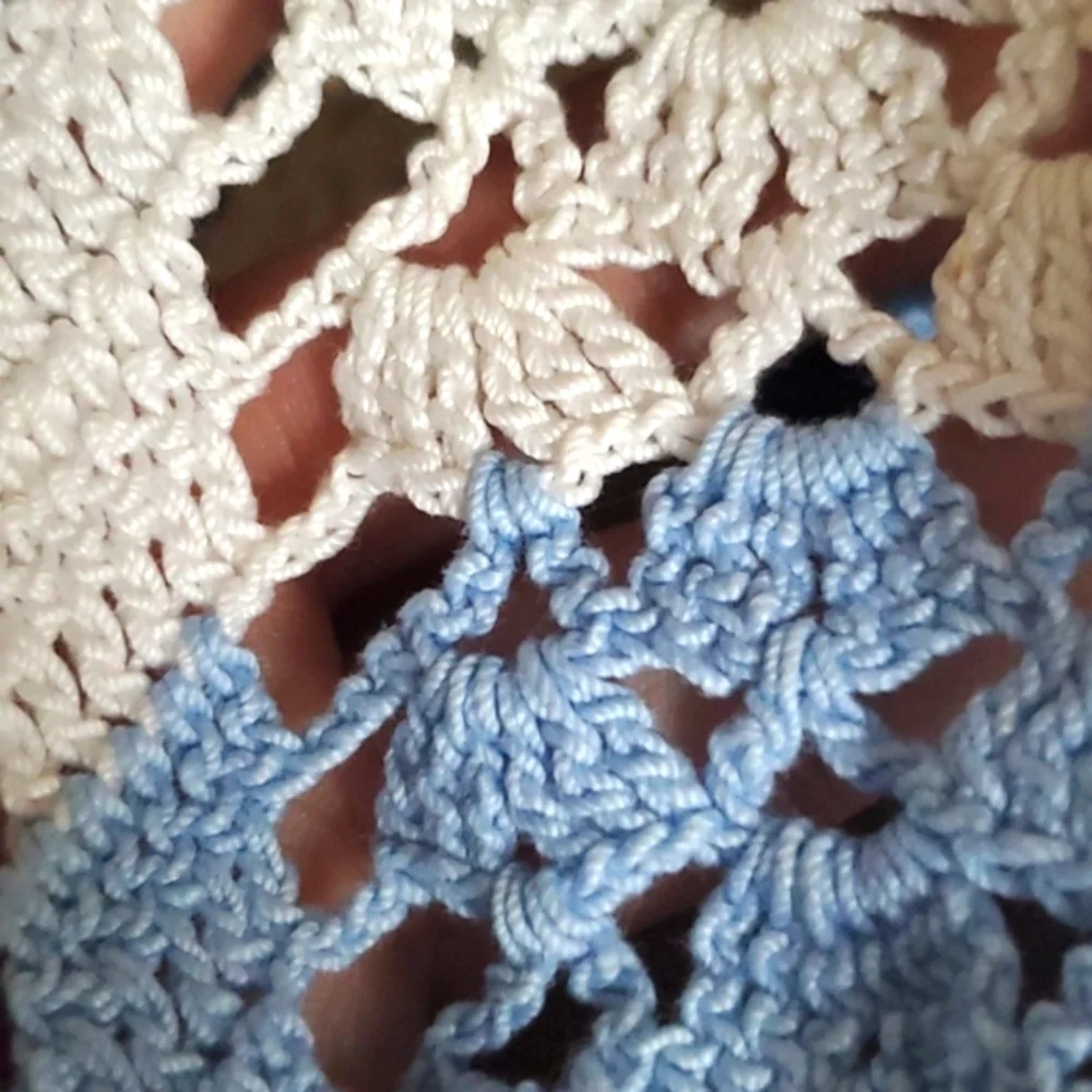 Handmade Crocheted Woman's Skirt Style Womens Apron Blue and White Ties in Back